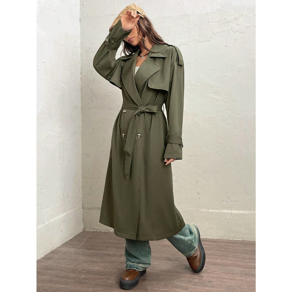 preppy olive green Lapel collar Double Breasted Belted Trench Coat - Picture 6 of 7